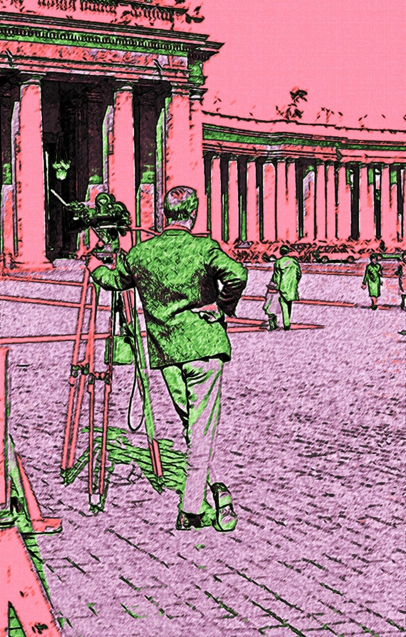 Photographer with tripod camera captures a columned neoclassical building in a pink-green filtered outdoor scene.