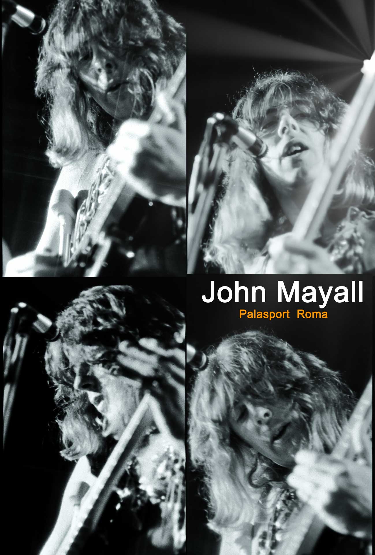 Black-and-white collage of John Mayall performing live with guitar and microphone at Palasport Roma.